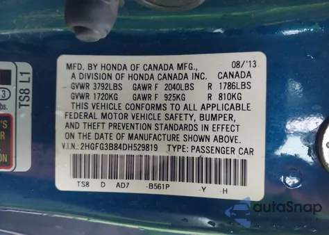 2013 Honda Civic Ex z USA, uszkodzony, nr VIN 2HGFG3B84DH529819